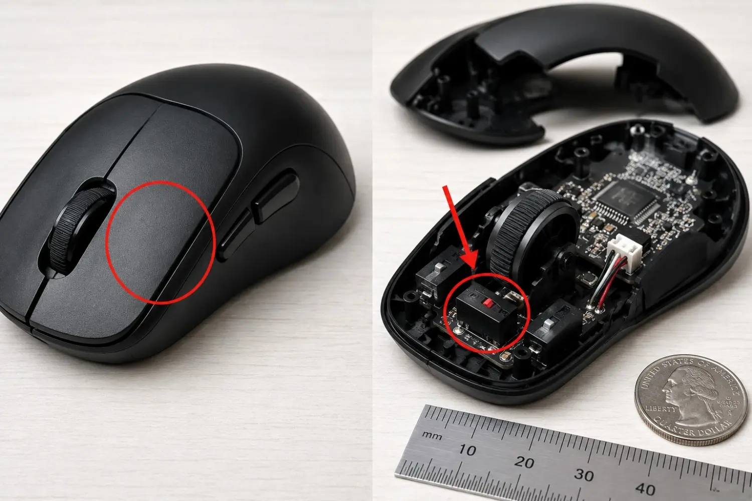 Mouse shell removed, showing internal microswitch beneath the left-click button with scale reference for size.