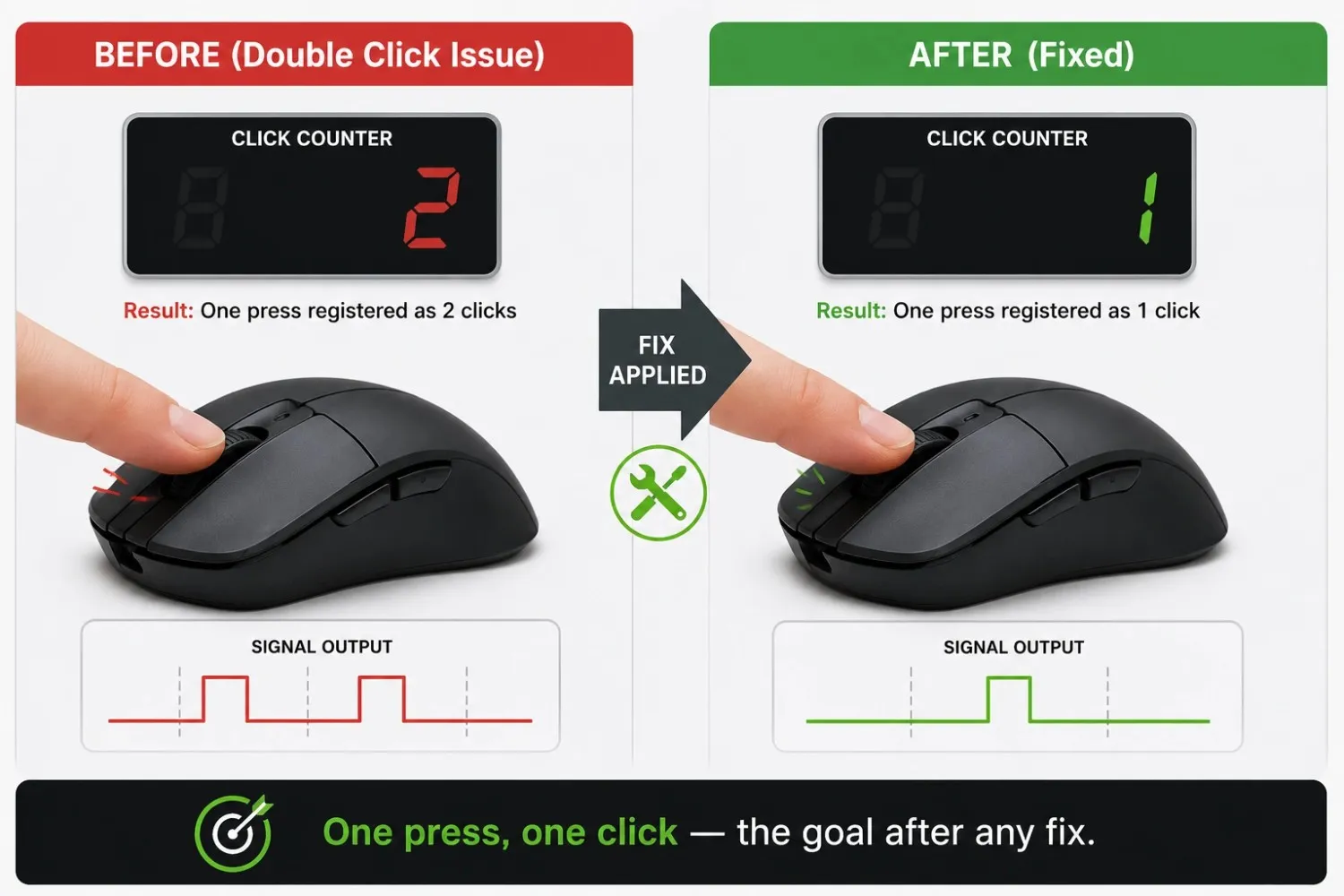 Before-and-after mouse double-click fix showing one press registering two clicks, then correctly registering one click.