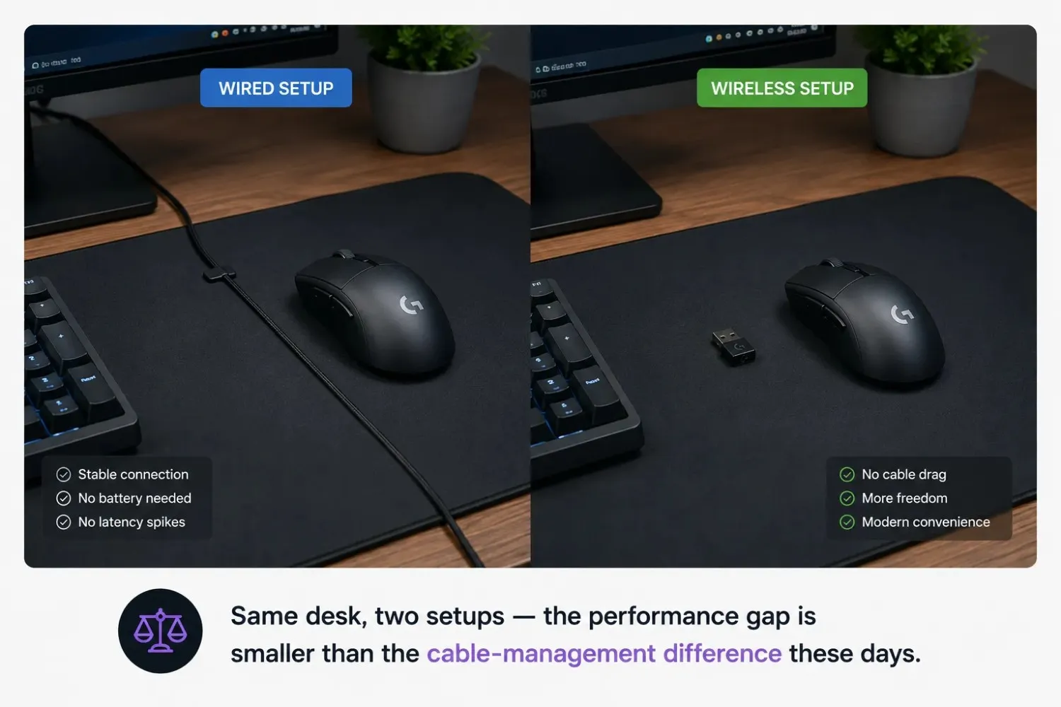 Same desk, two setups, the performance gap is smaller than the cable-management difference these days.