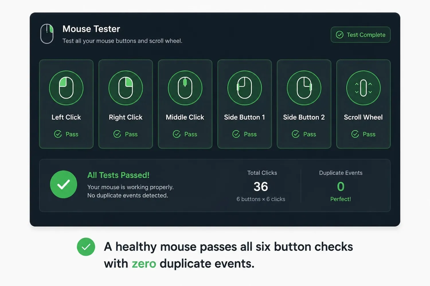 Free online mouse tester checking every button, scroll wheel, and sensor in the browser