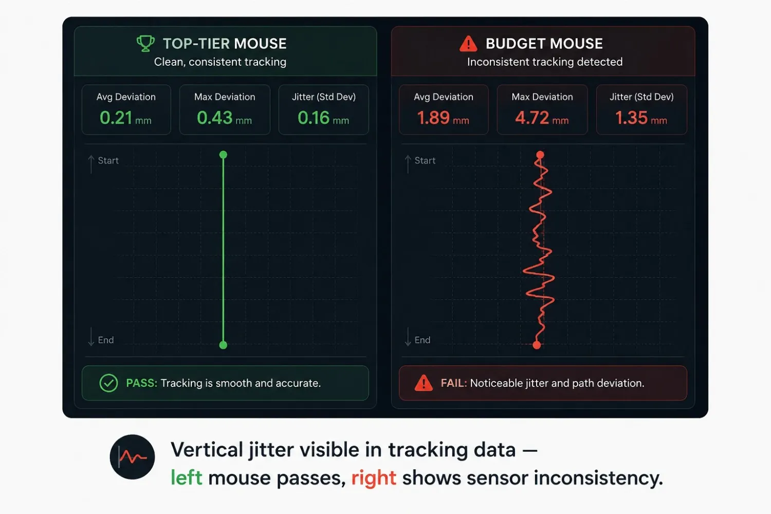 Vertical jitter visible in tracking data, left mouse passes, right shows sensor inconsistency