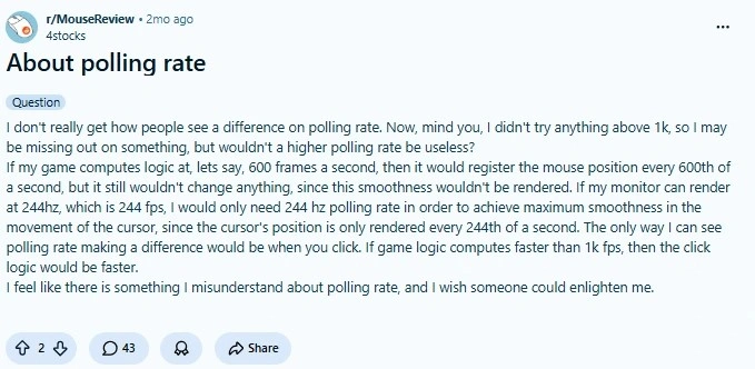 Reddit post asking why higher mouse polling rates matter beyond 1000Hz and whether users can actually notice differences.