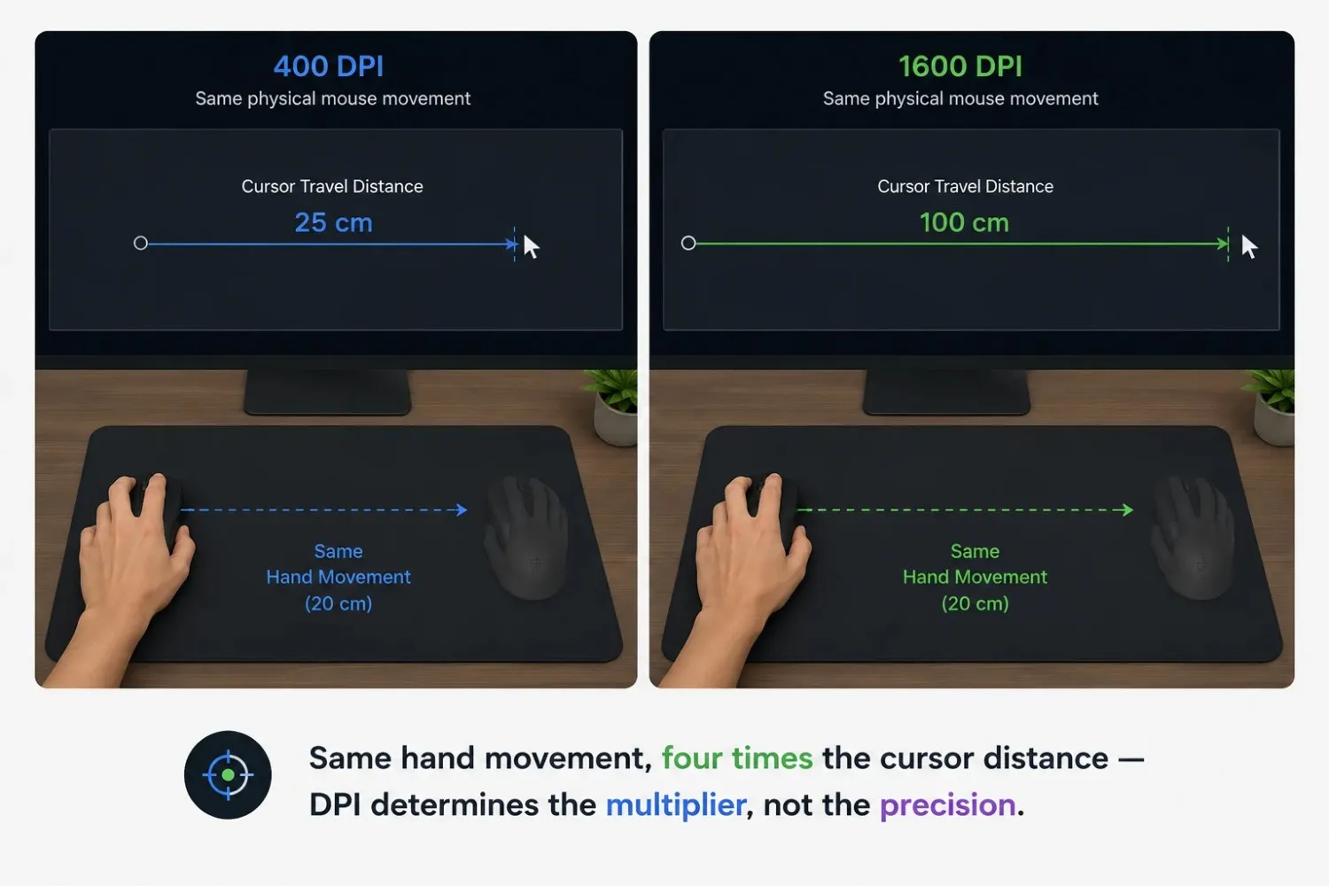 Same hand movement, four times the cursor distance, DPI determines the multiplier, not the precision