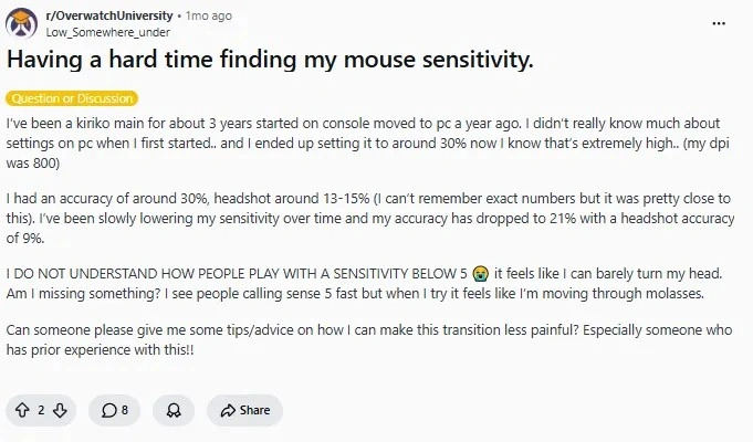 Overwatch player asking for help lowering mouse sensitivity after accuracy dropped during the transition to lower settings.